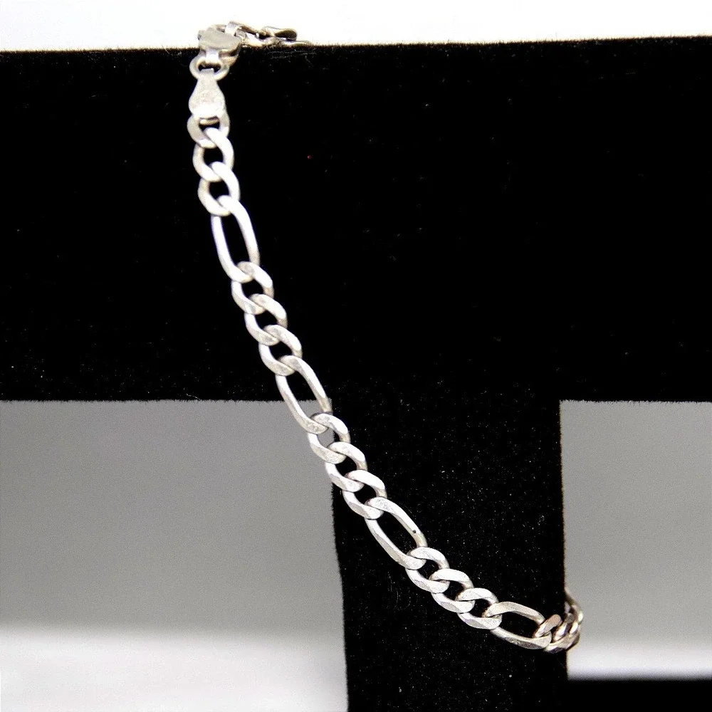 Vintage Sterling Silver 925 Figaro Link Chain Bracelet 8 Inch 4.6mm Mens Jewelry